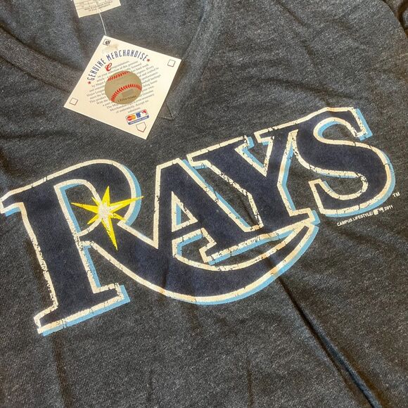 NWT MLB Tampa Bay Rays Classic T-Shirt Womens Fan Baseball Logo V-Neck Blue Team - Picture 2 of 6